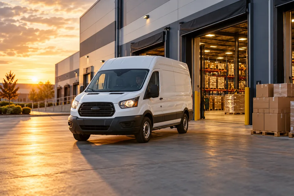 Delivery van departing a distribution center