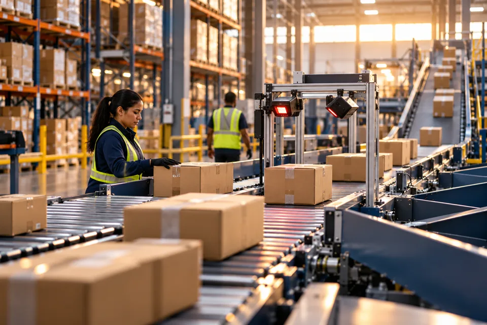 Parcels moving through an automated warehouse sorting line